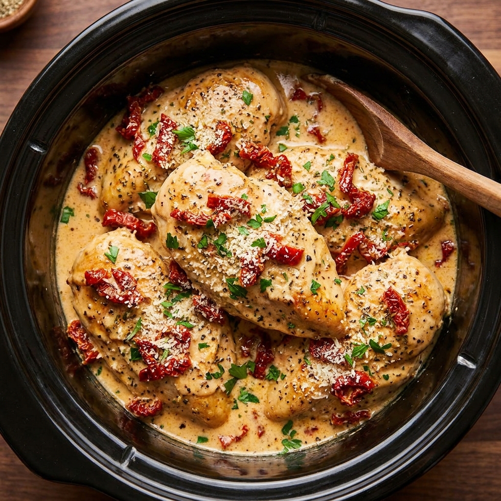 Finished Crockpot Marry Me Chicken garnished with basil on a white platter