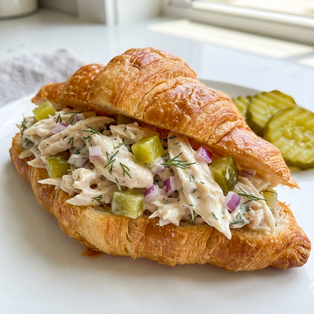 Shredded chicken being mixed with celery and pickles in a glass bowl.
