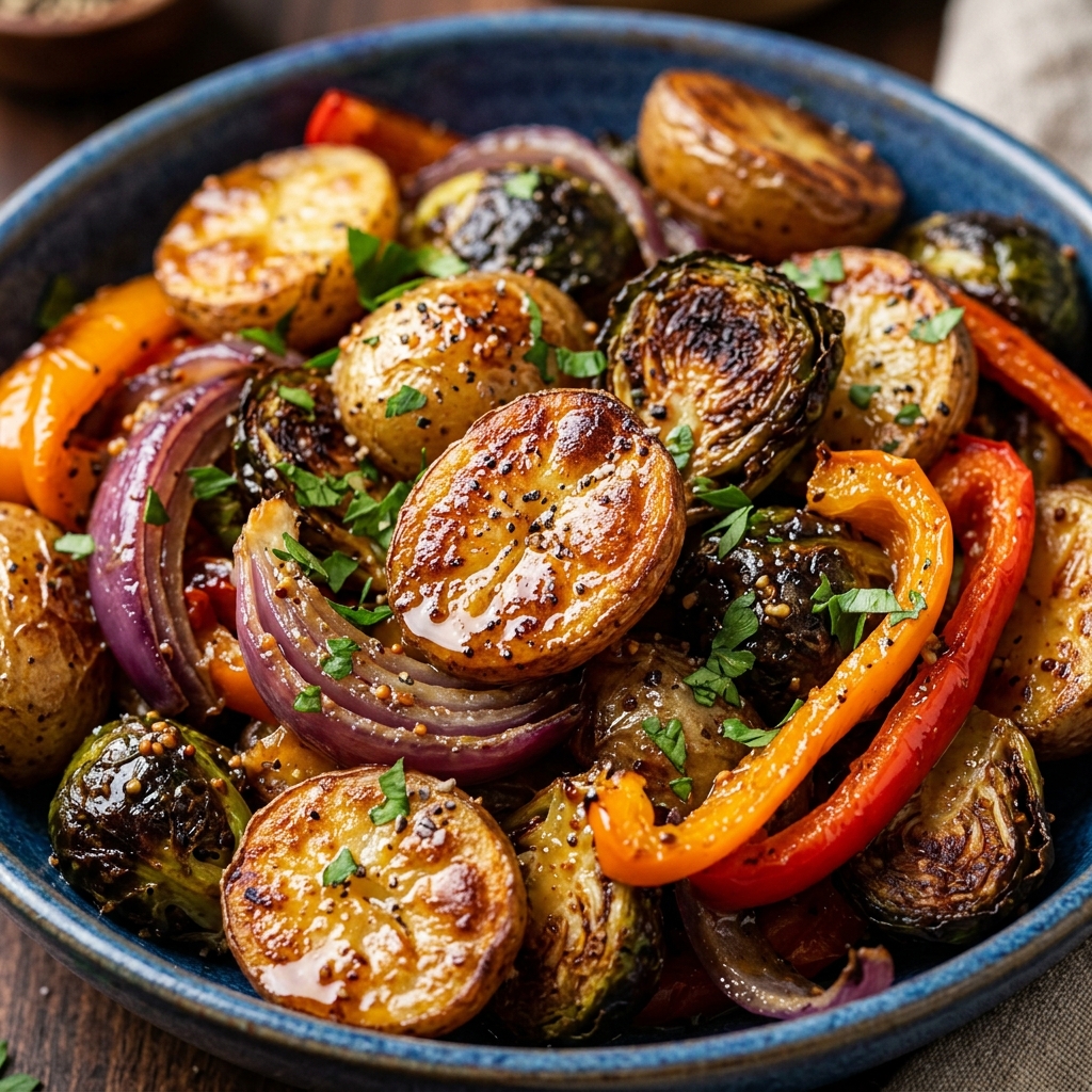 Finished Maple Dijon Roasted Vegetables with toasted pecans and goat cheese.