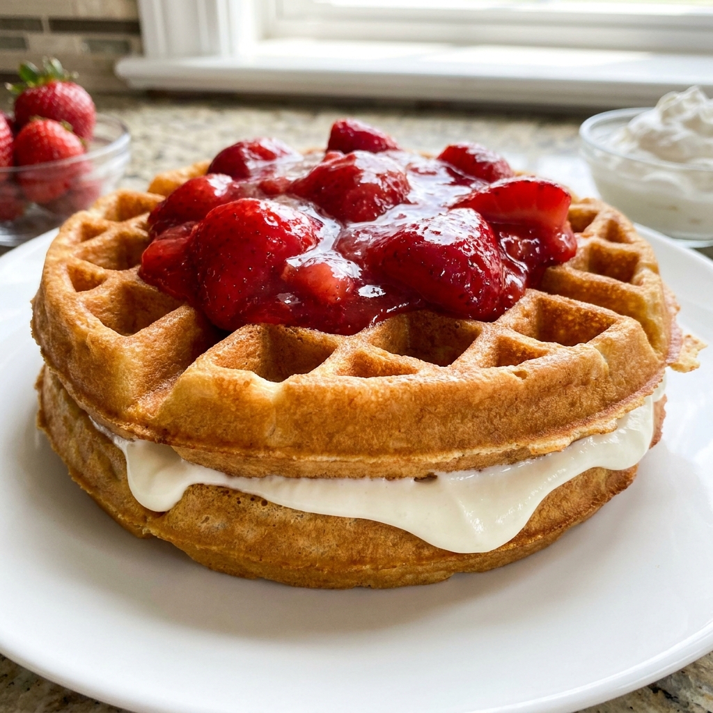 Folding diced strawberries into thick waffle batter