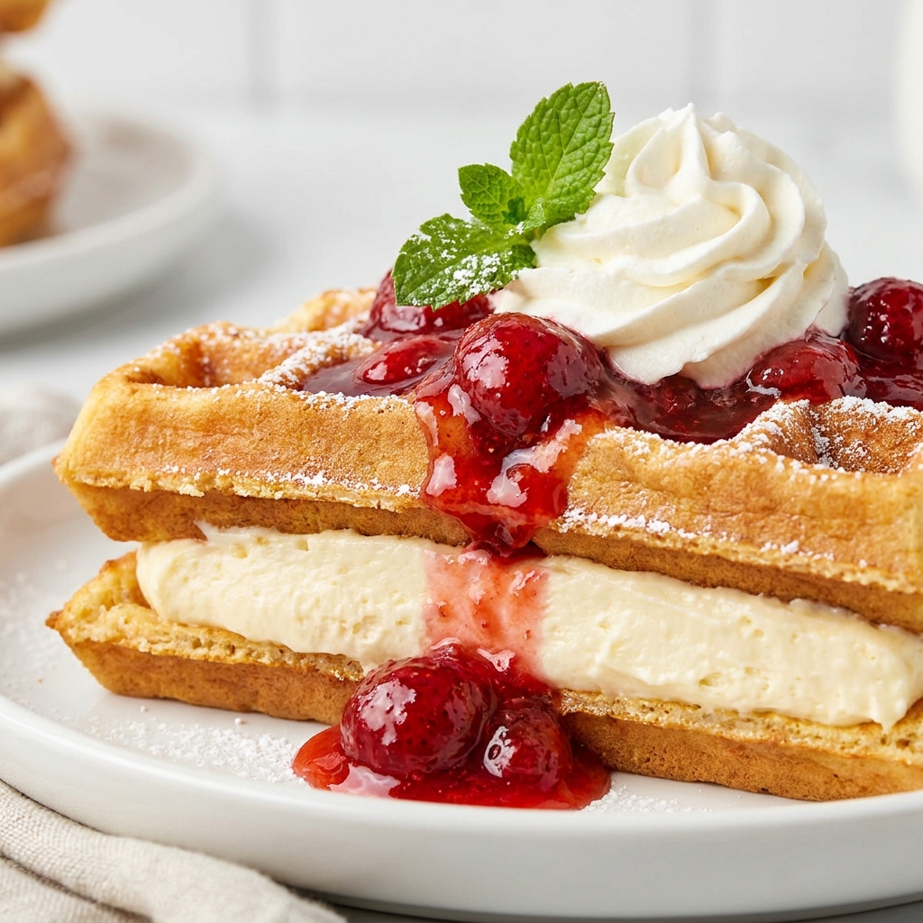 Golden crispy strawberry waffles topped with whipped cream and strawberry slices