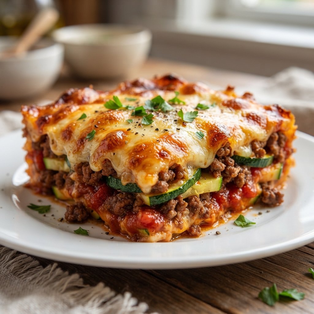 Layering zucchini slices with sauce and cheese in a baking dish