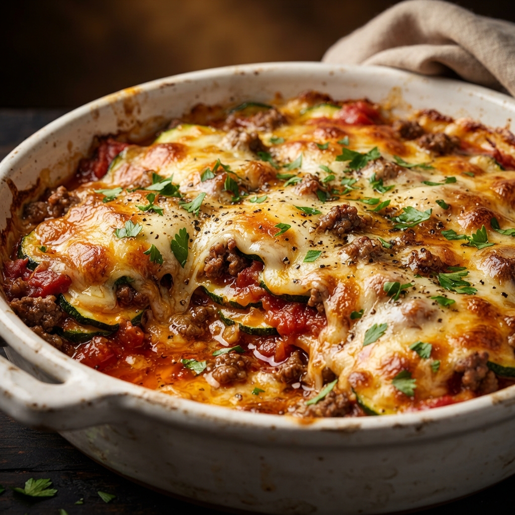 Crispy, bubbly zucchini pizza casserole fresh out of the oven