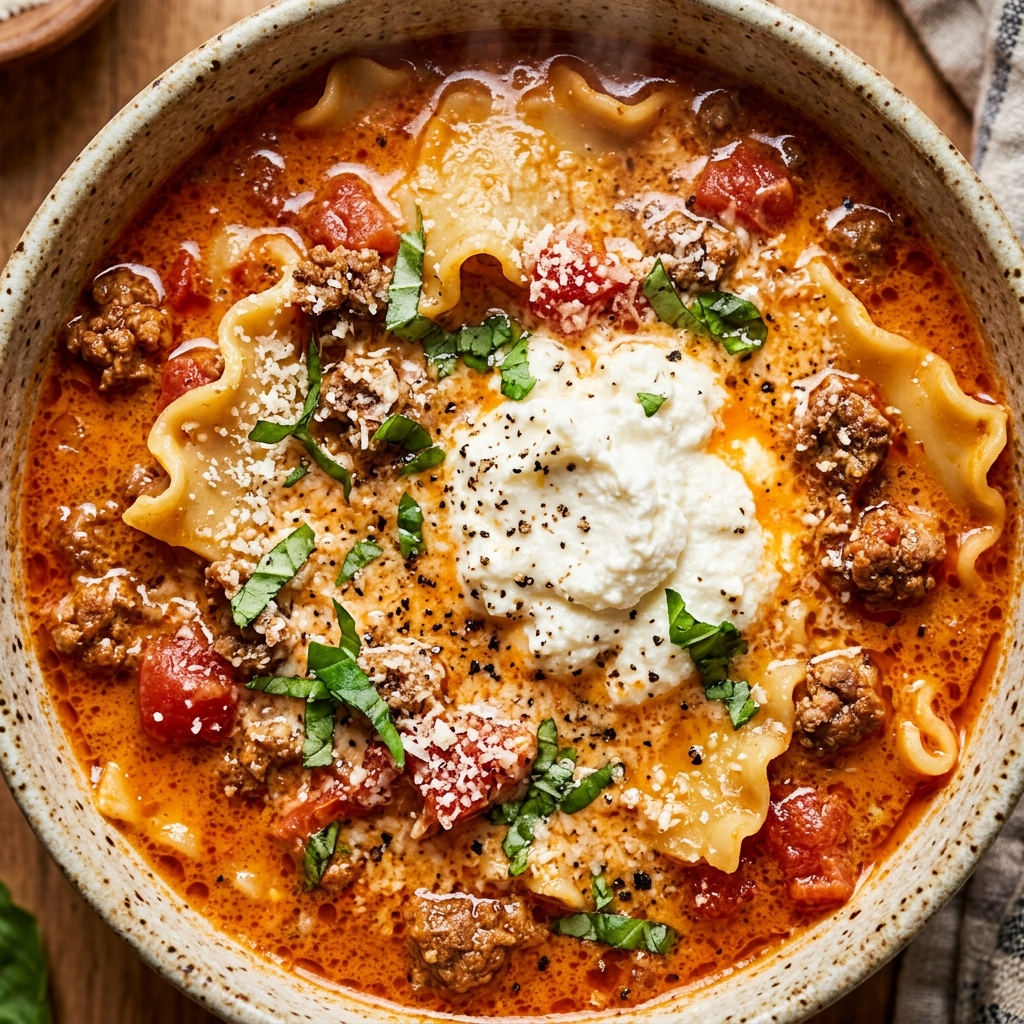 Stirring lasagna soup in a pot