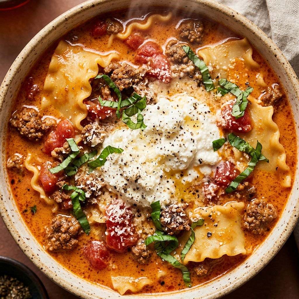 Finished creamy lasagna soup served with toppings