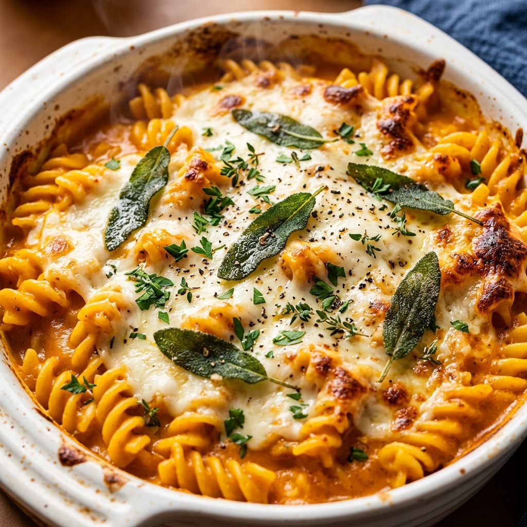 Golden baked pumpkin pasta with bubbling cheese