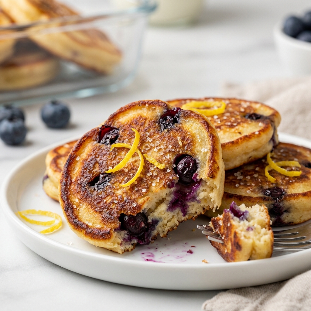 Blender pitcher filled with cottage cheese pancake batter, lemons, and blueberries on a wooden countertop.