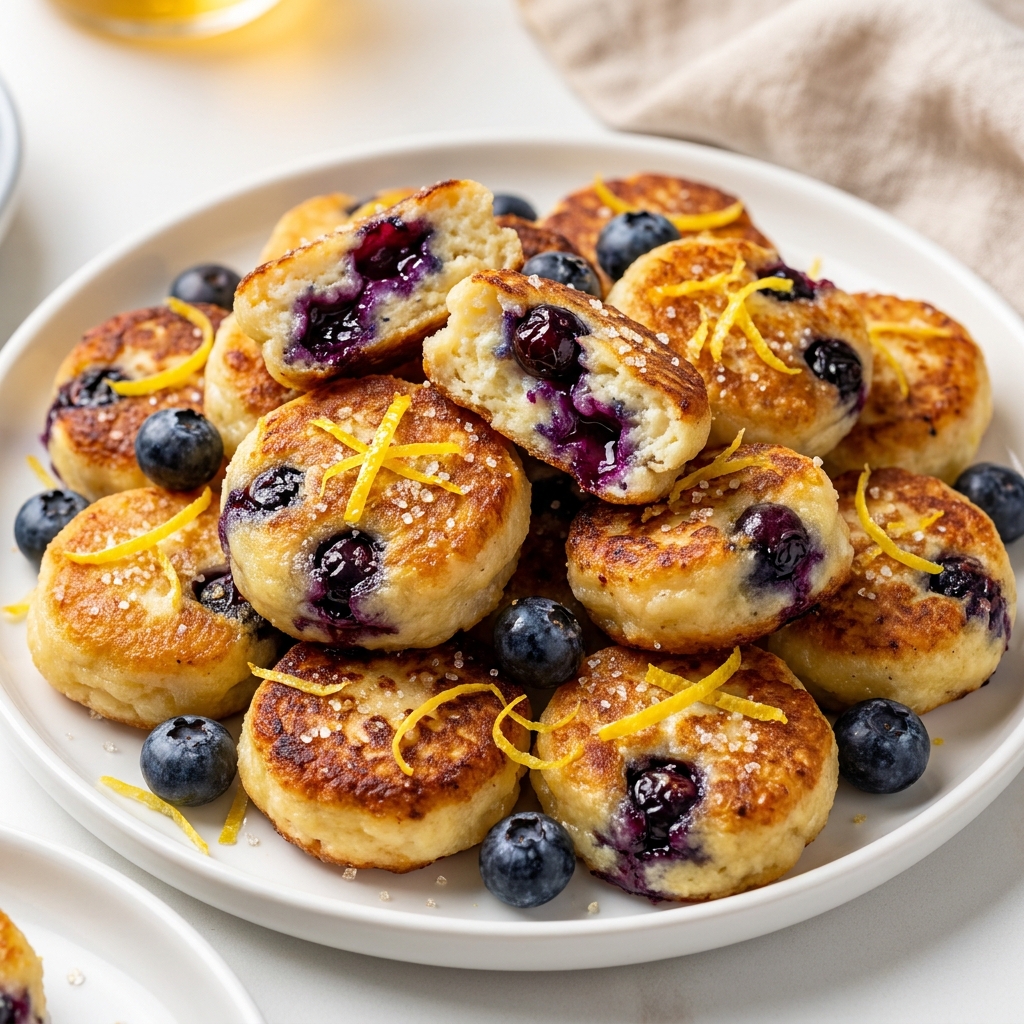 Close-up of a bite-size lemon blueberry cottage cheese pancake with melting butter and syrup drizzle.