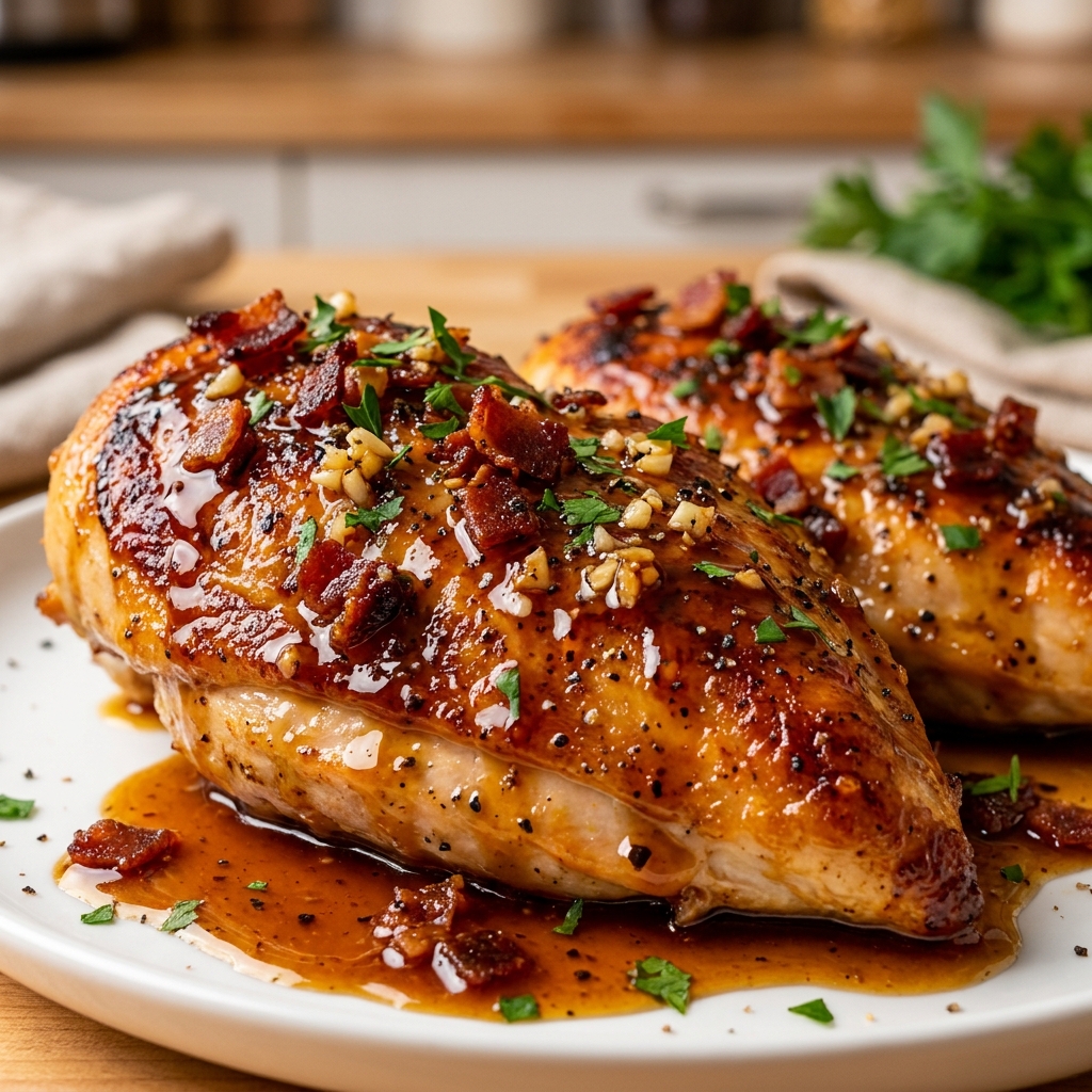 Crispy bacon-wrapped chicken browning in a cast iron skillet.