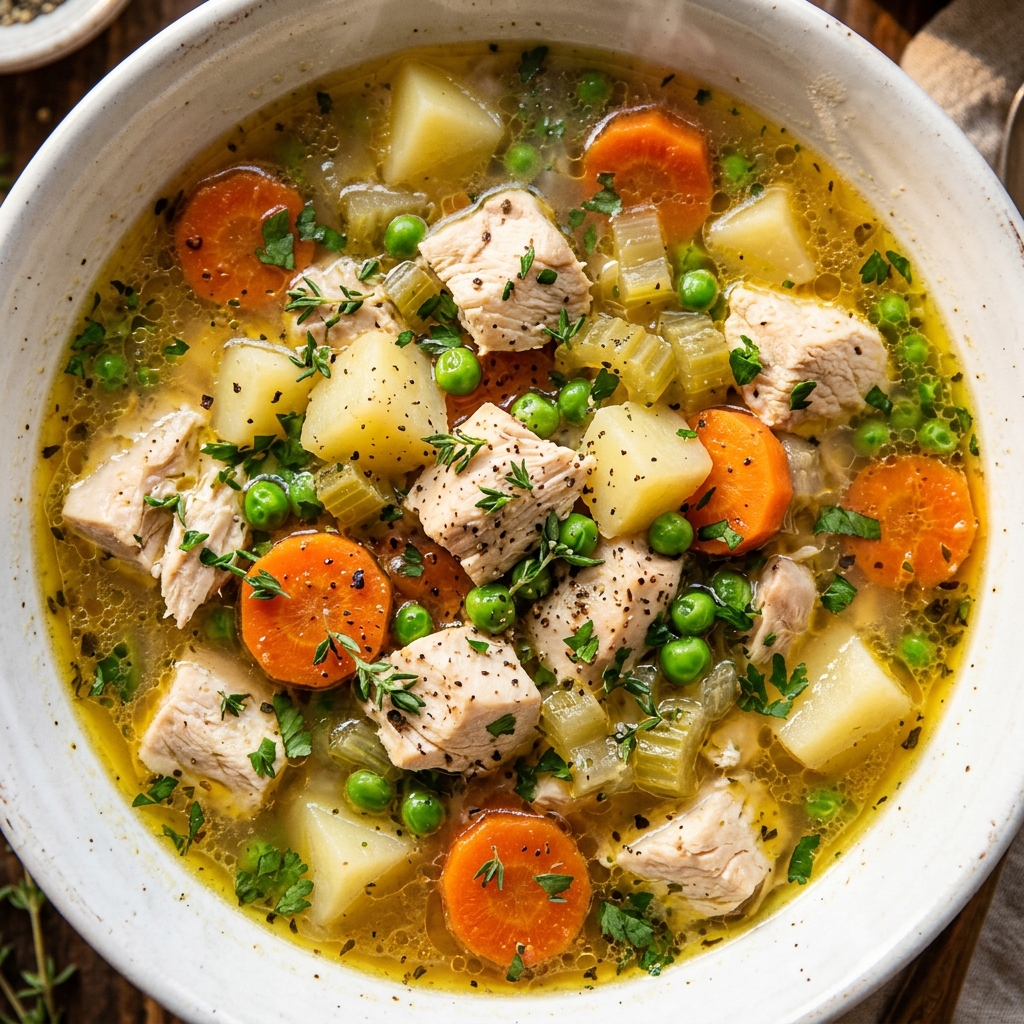 Raw chicken thighs, chopped carrots, and diced potatoes layered inside a slow cooker before cooking the Fall Crockpot Chicken Stew.