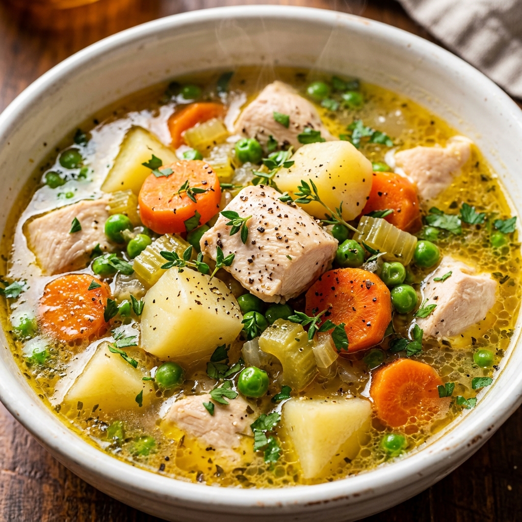 A rustic wooden table set with bowls of Fall Crockpot Chicken Stew, a ladle in the pot, and crusty bread on the side for dipping.