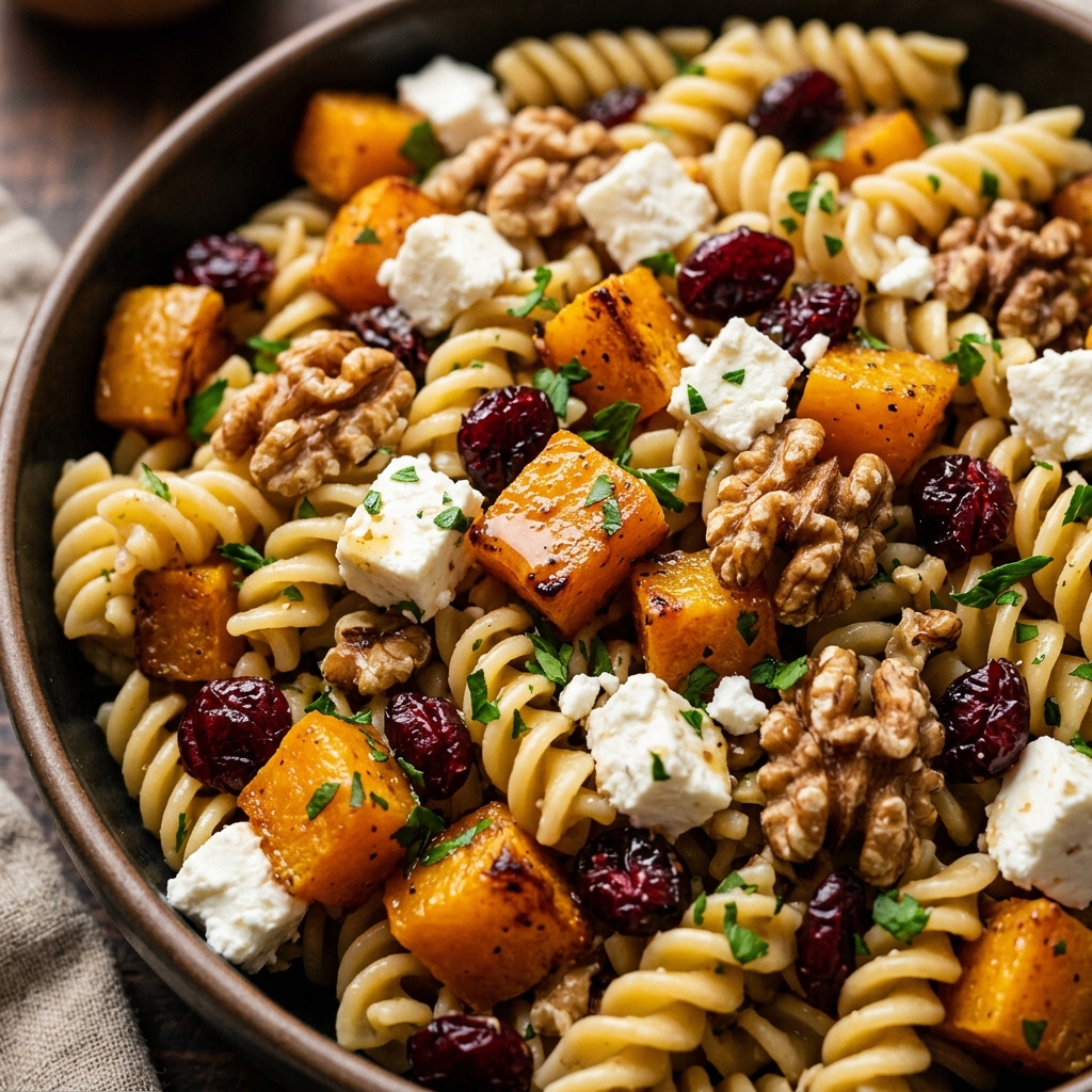 Hands mixing pasta salad ingredients in a large bowl
