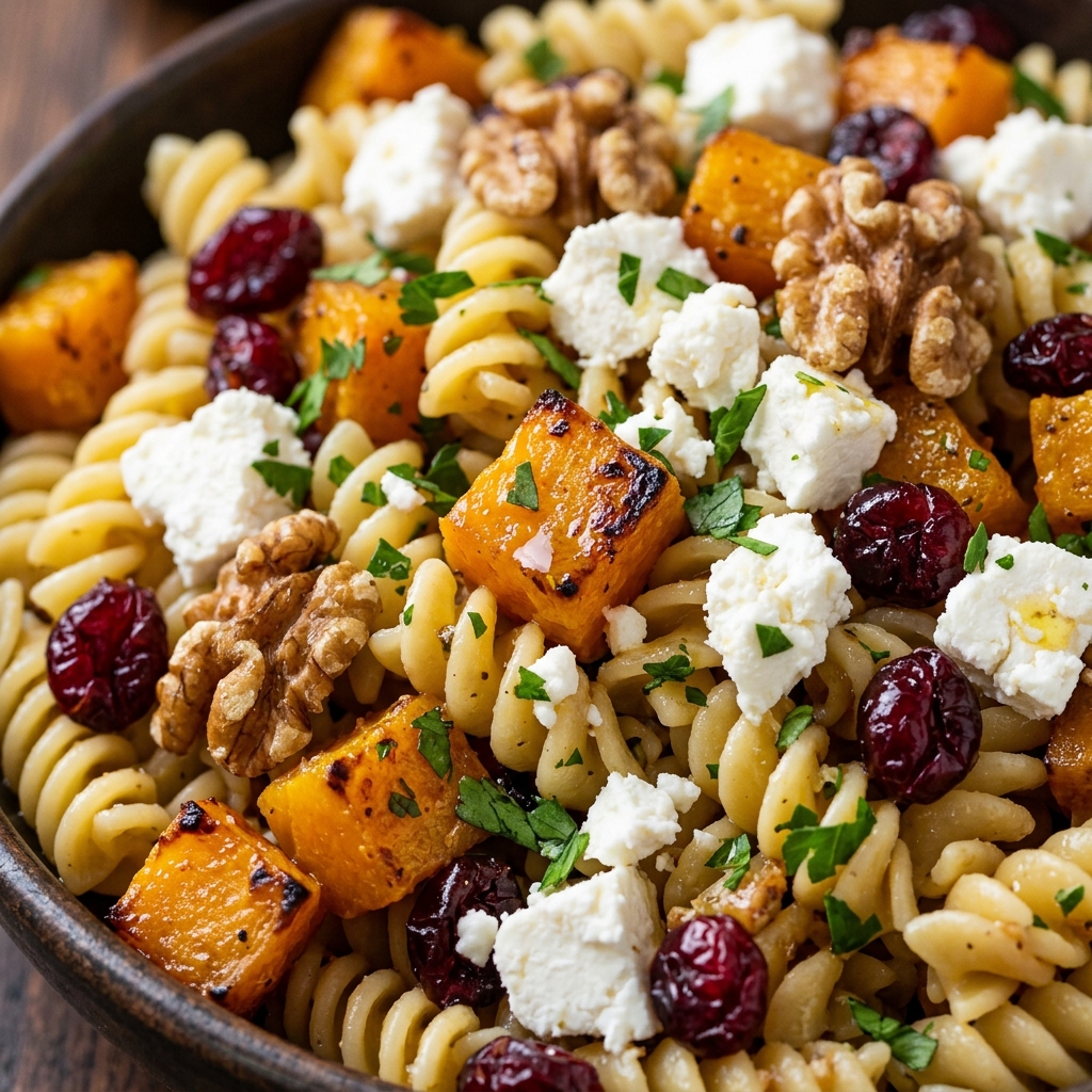 Finished Fall Harvest Pasta Salad served on a rustic plate