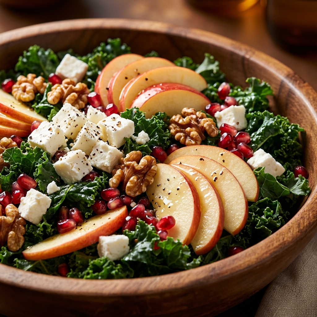 Finished Fall Harvest Salad in a wooden bowl, garnished with pomegranate seeds.