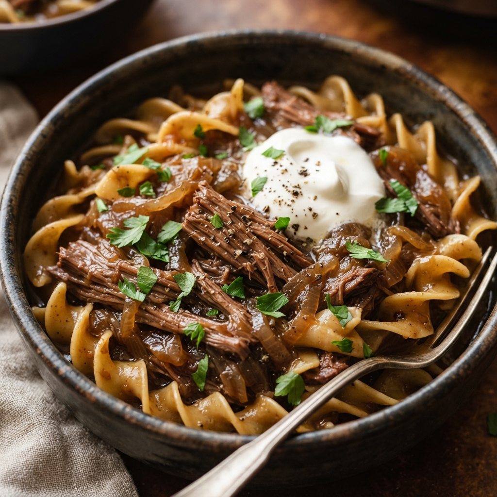 Tender pot roast sliced, topped with melted cheese and toasted baguette