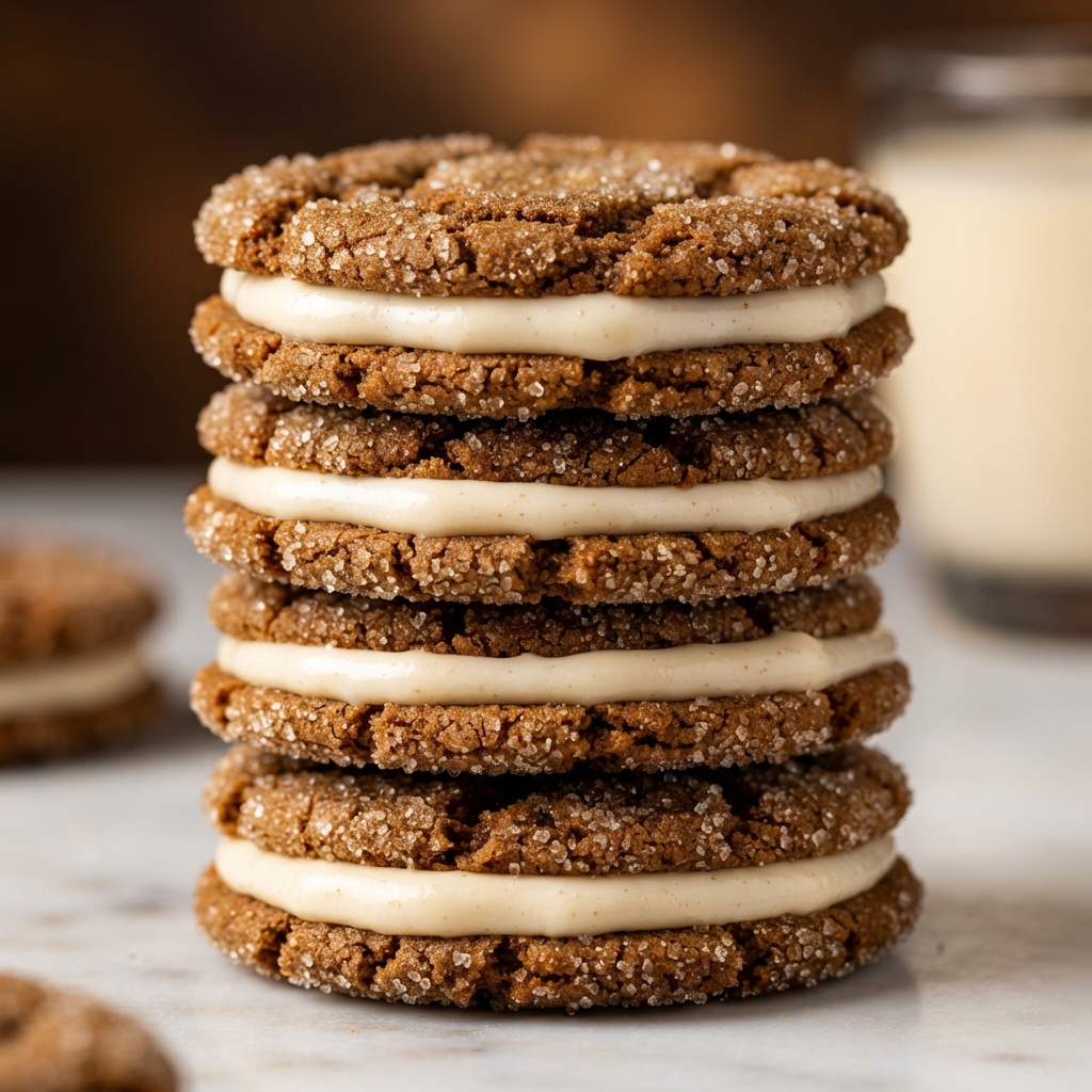 Stacked ginger molasses sandwich cookies with frosting drizzle