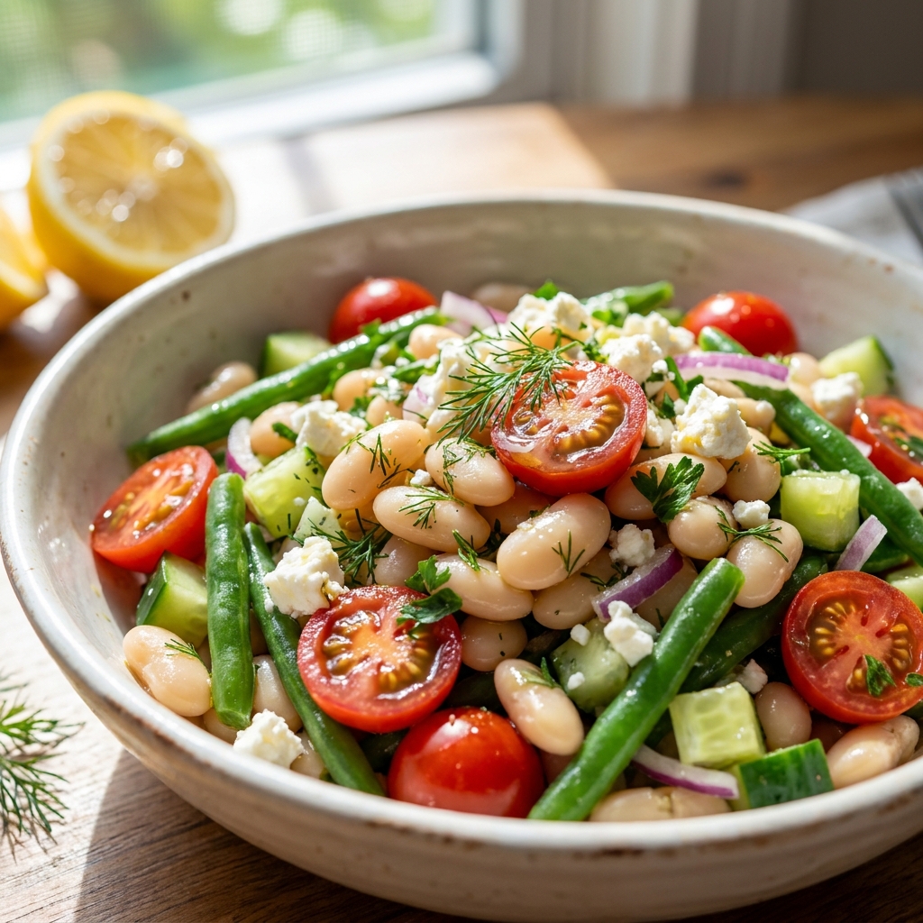 Mixing beans, lemon juice, olive oil, and herbs