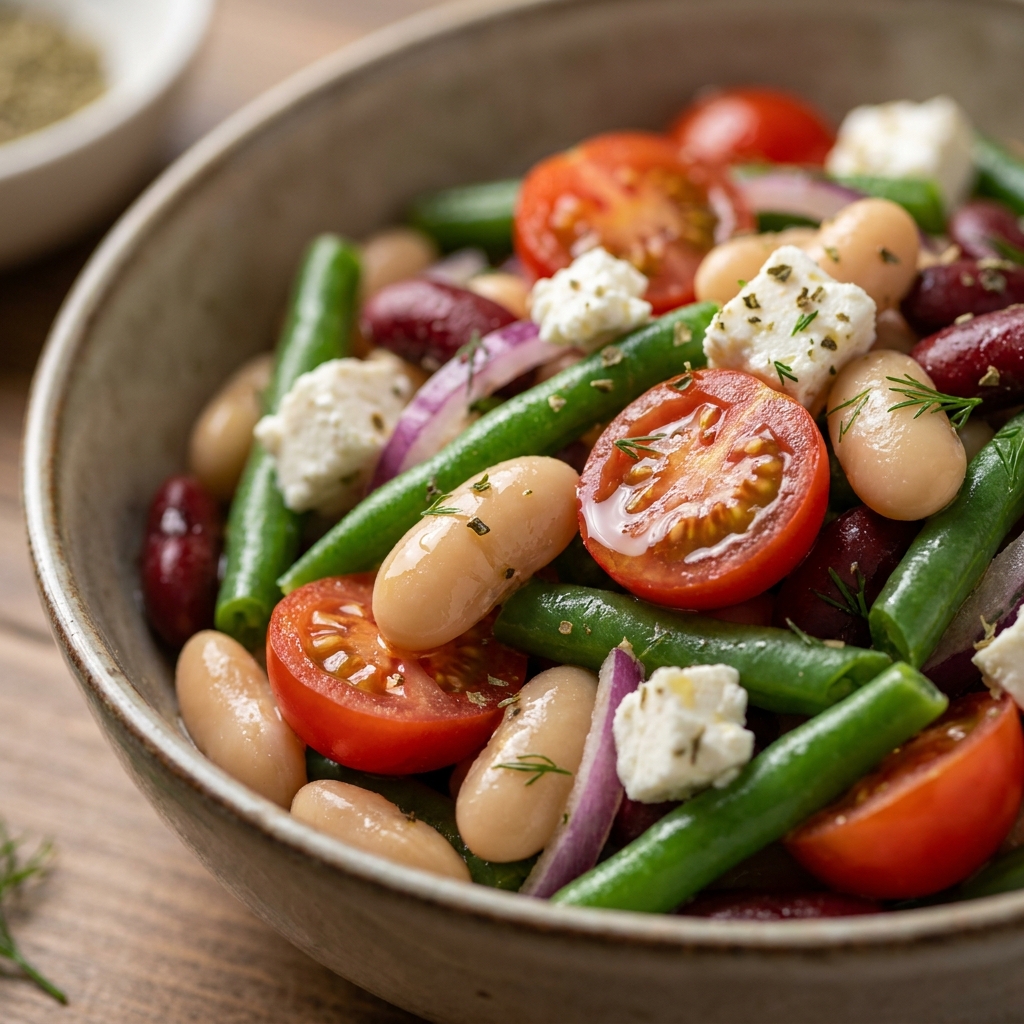 Finished Greek bean salad garnished with parsley