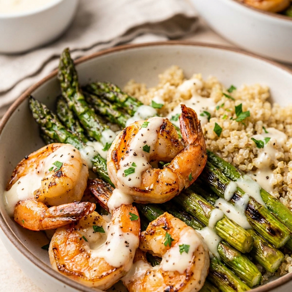 Grilled Shrimp Bowl with Asparagus & Creamy Garlic Sauce