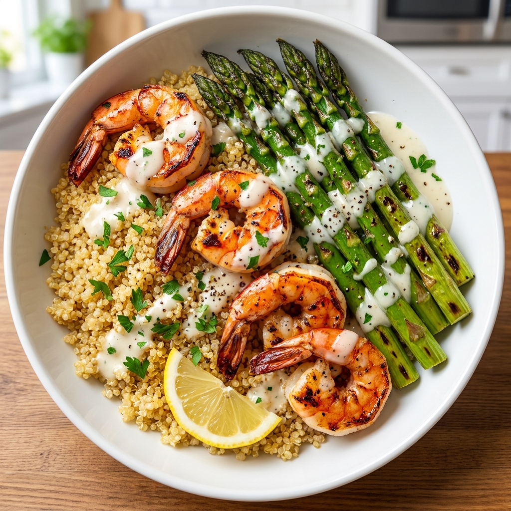 Shrimp and asparagus on a hot grill grate with tongs flipping them.