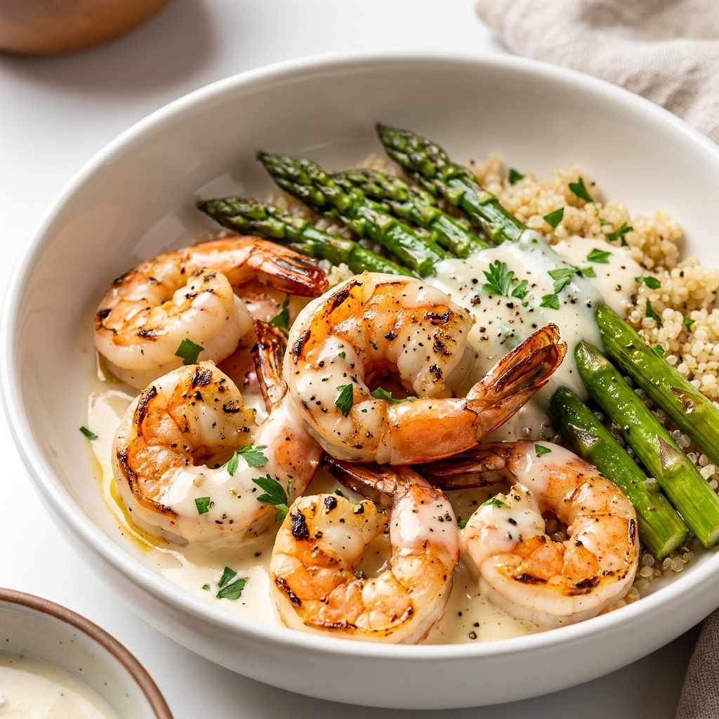Finished grilled shrimp bowl garnished with parsley and lemon wedges.