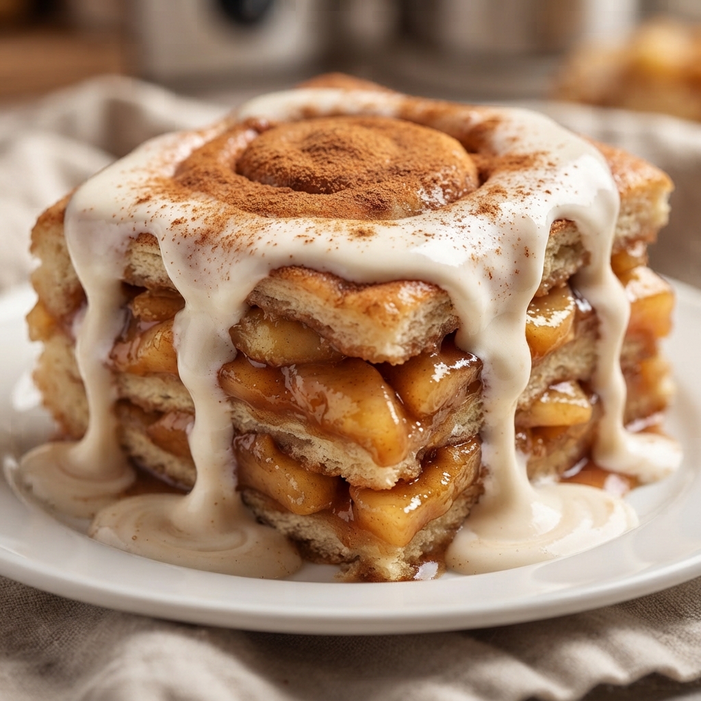 Layering apple slices between rolled dough in a baking dish