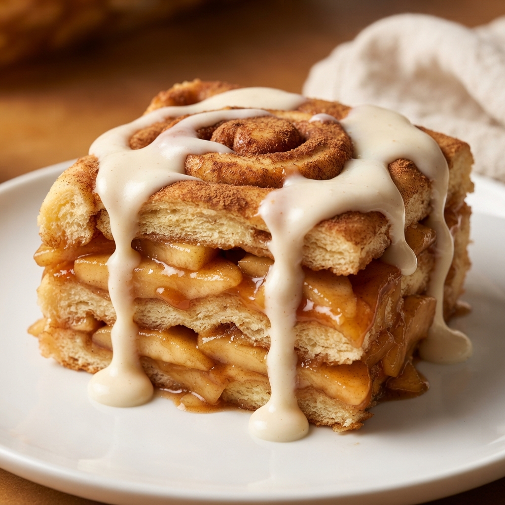 Slice of lasagna showing gooey apple filling and crispy cinnamon roll crust