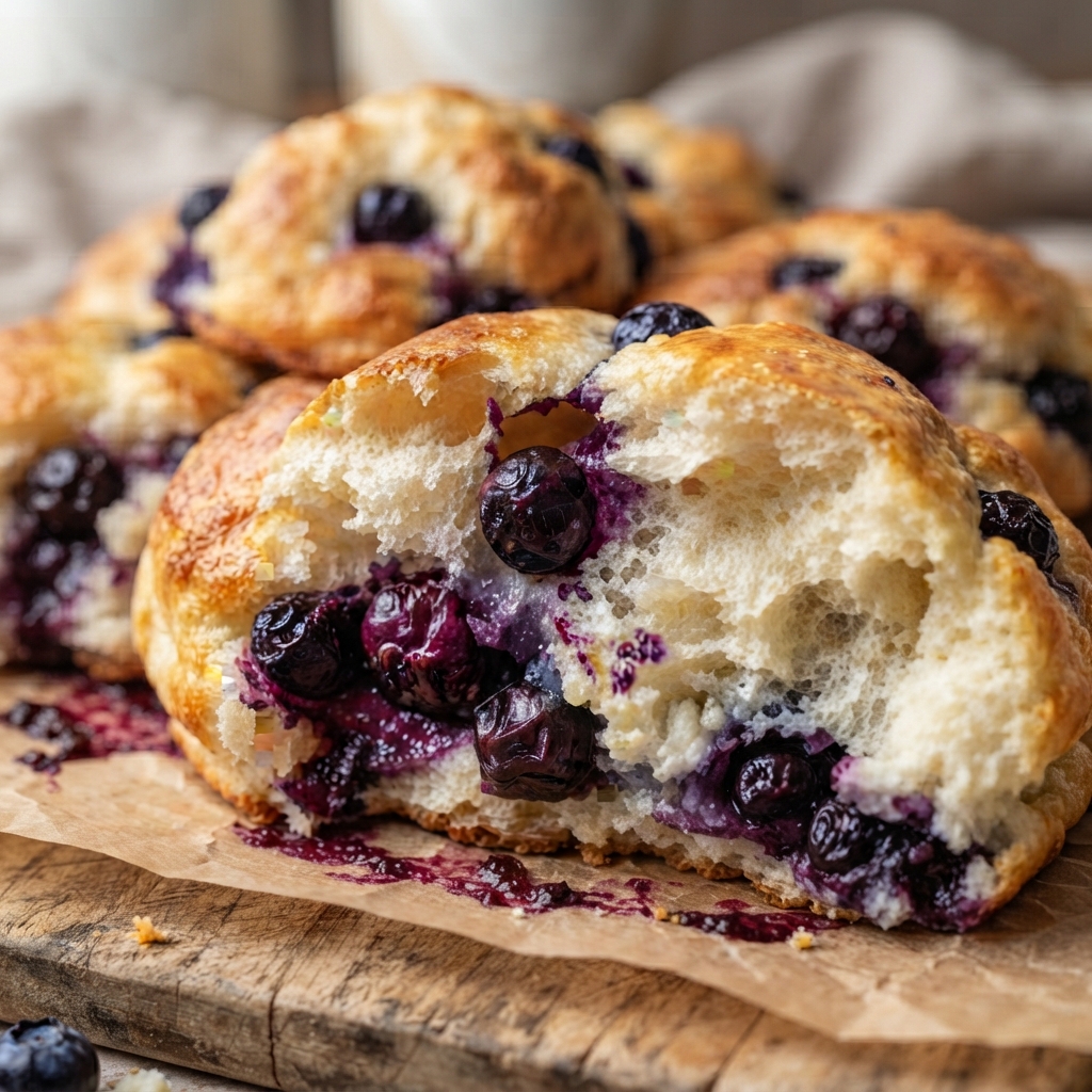 Slice of cloud bread showing airy crumb and blueberry specks