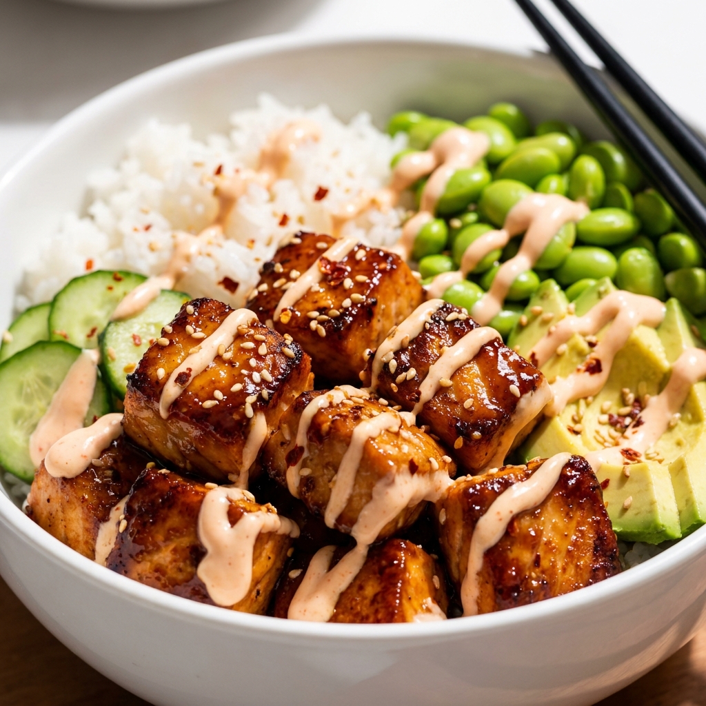 Finished honey sriracha salmon bowl topped with sesame seeds and avocado