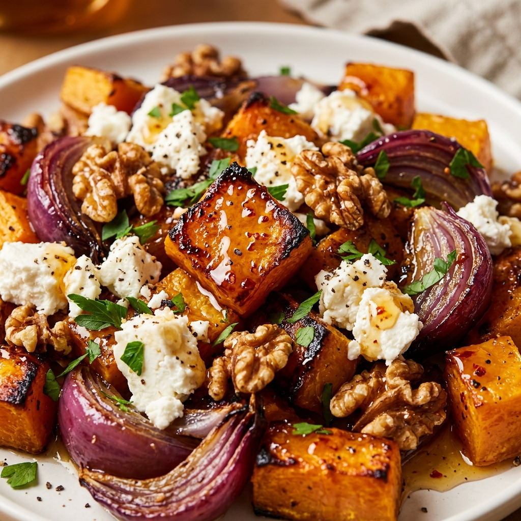 Finished Hot Honey Pumpkin with Red Onion Feta & Walnuts garnished with thyme