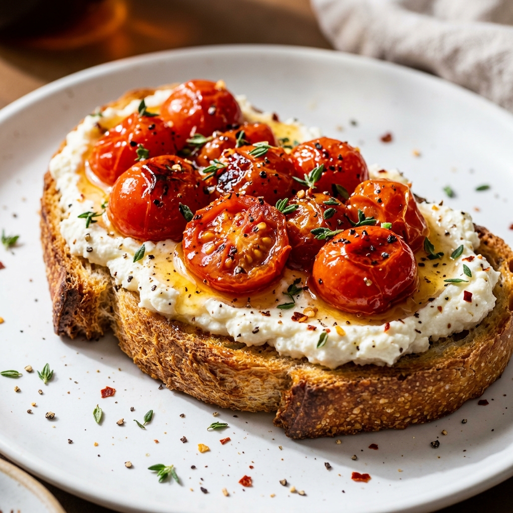 Crispy toast topped with whipped feta and caramelized cherry tomatoes