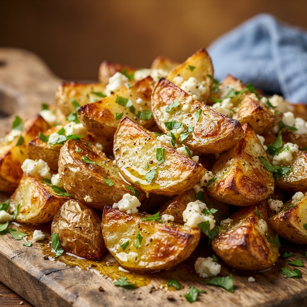 Crispy garlic butter potatoes topped with parsley