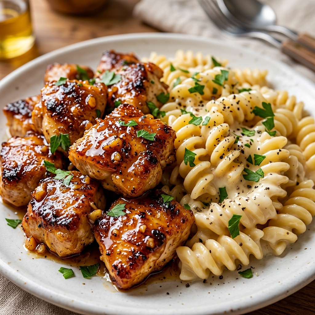 Honey Butter Garlic Chicken Bites with Cheesy Pasta – Crispy