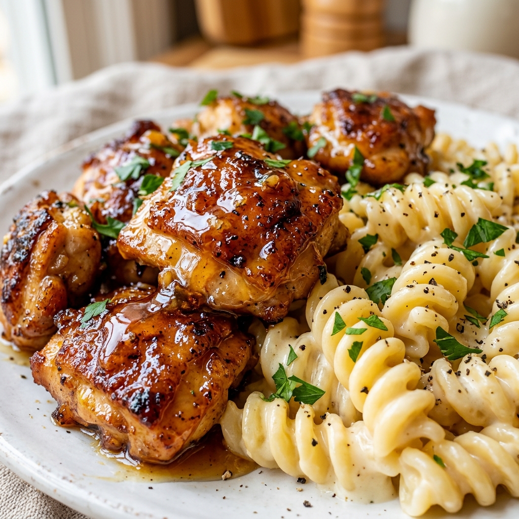 Chicken bites glistening in honey butter sauce