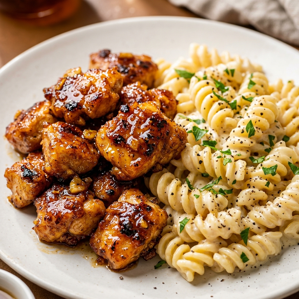 Golden chicken bites atop creamy cheesy pasta