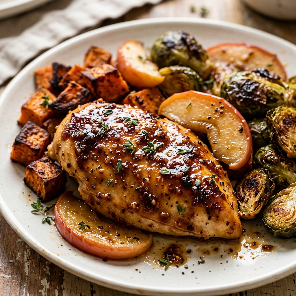 Golden maple-dijon sheet-pan chicken with caramelized fall vegetables fresh from the oven.