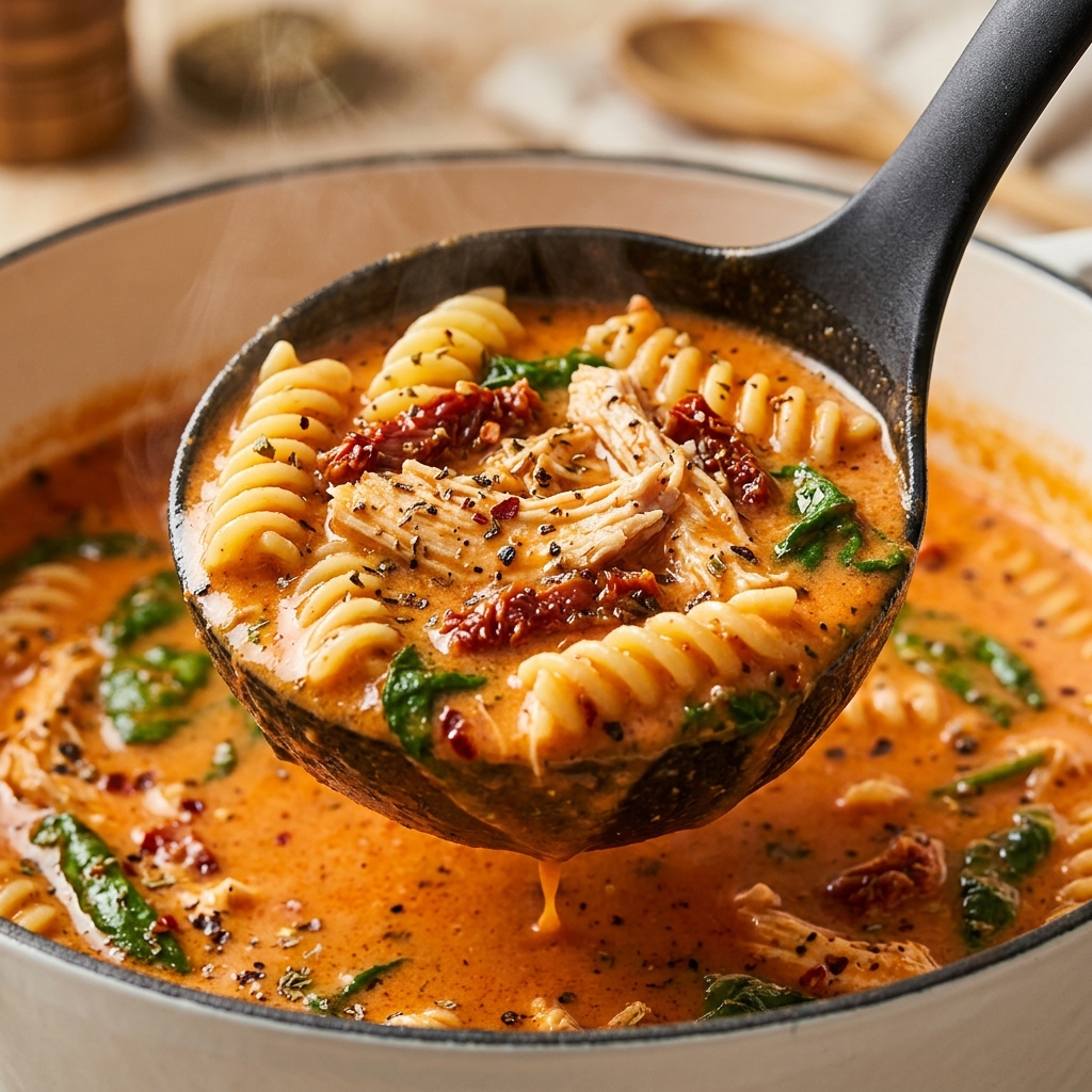 Wooden spoon stirring golden chicken thighs and sun-dried tomatoes in a stainless steel pot, showing the fond building on the bottom before deglazing.