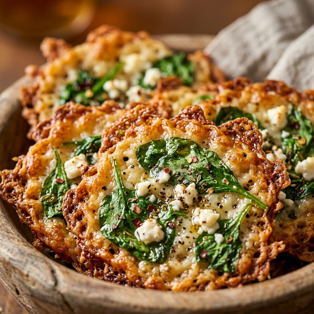 Crispy spinach and feta crisps with a golden edge