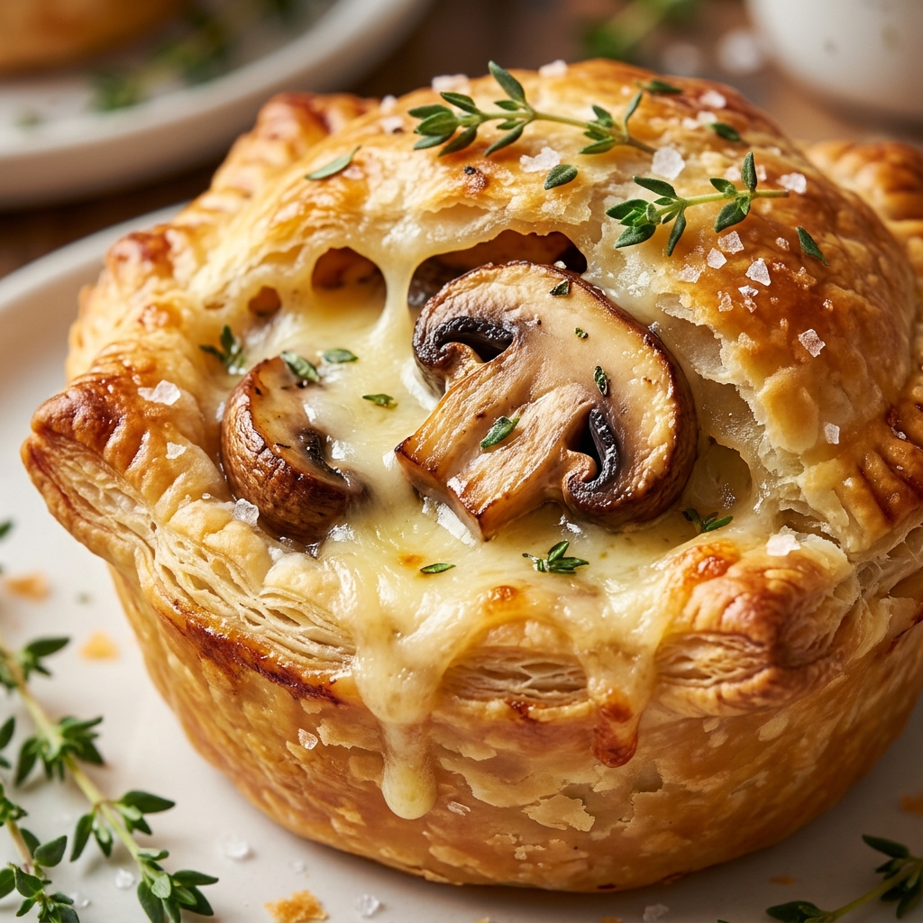 Step-by-step filling mini puff pastry shells with mushroom Gruyère mixture