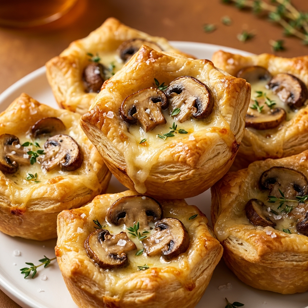Finished golden baked mini pot pies garnished with fresh thyme