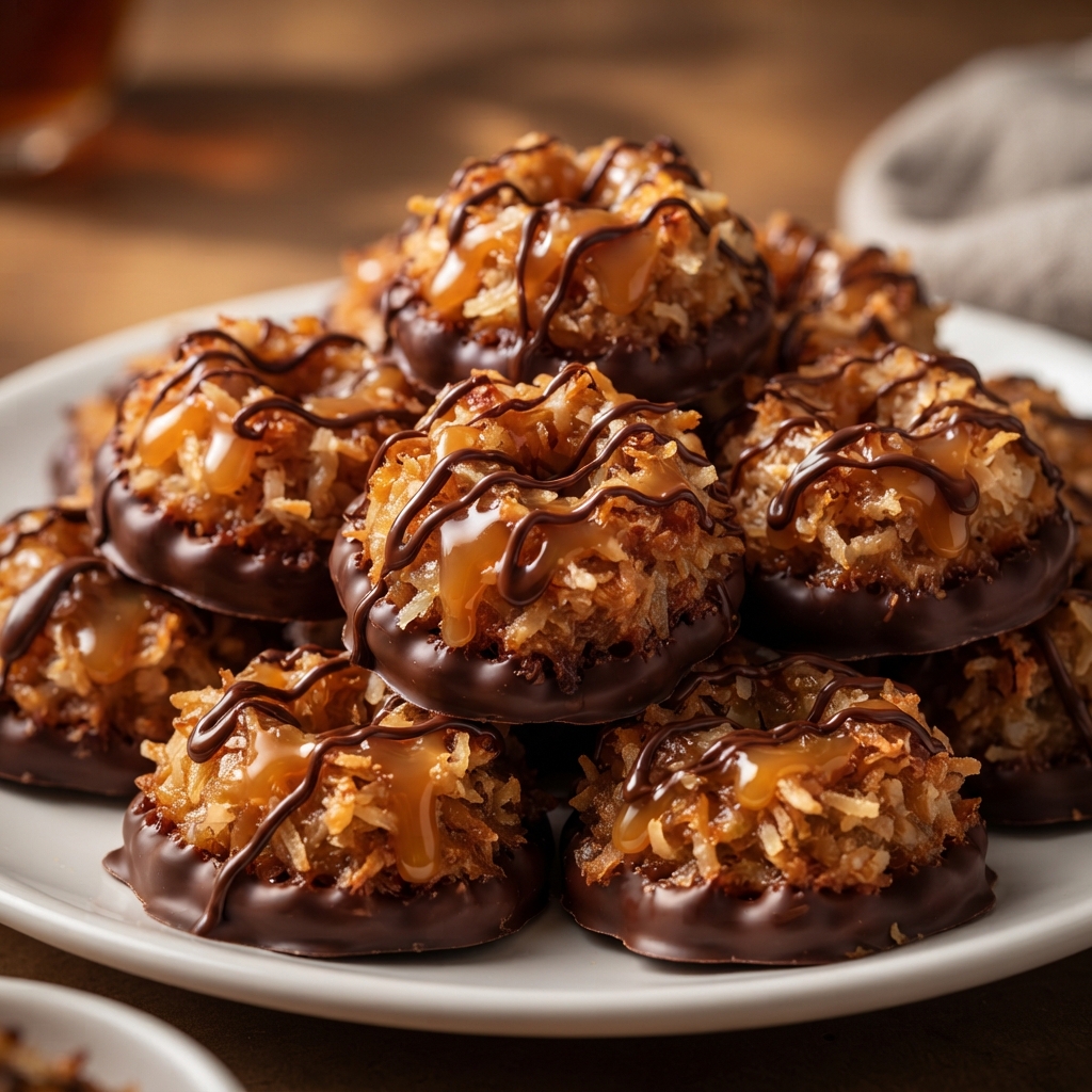 Plate of finished No-Bake Samoa Cookie Bites