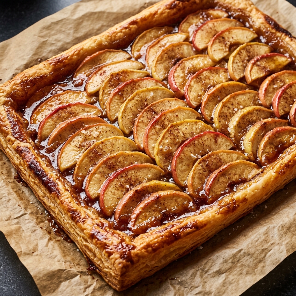 Thin apple slices fanned onto rolled-out puff pastry dough with a pastry brush applying butter mixture