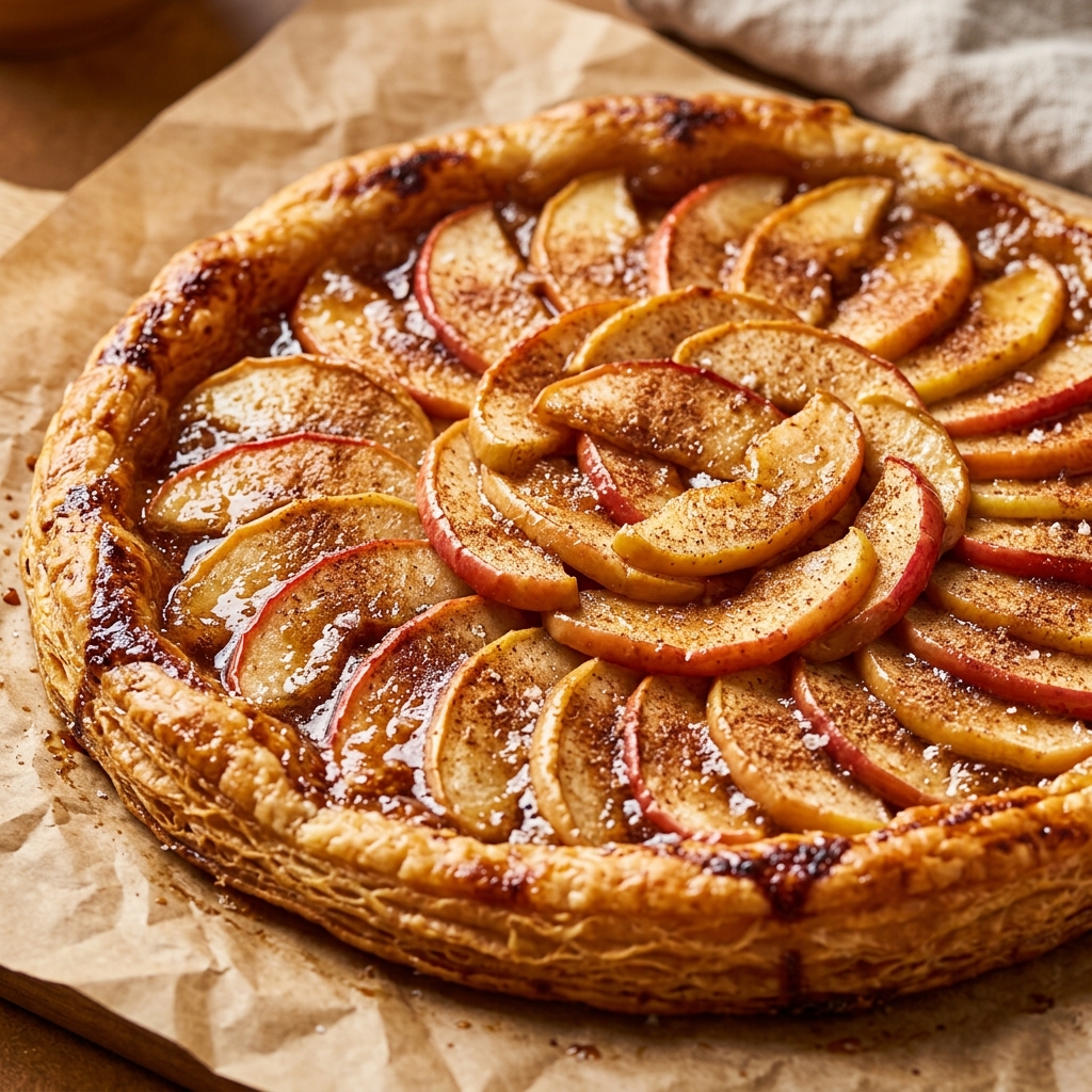 Finished Puff Pastry Apple Tart sliced into squares, dusted with powdered sugar on a wooden board