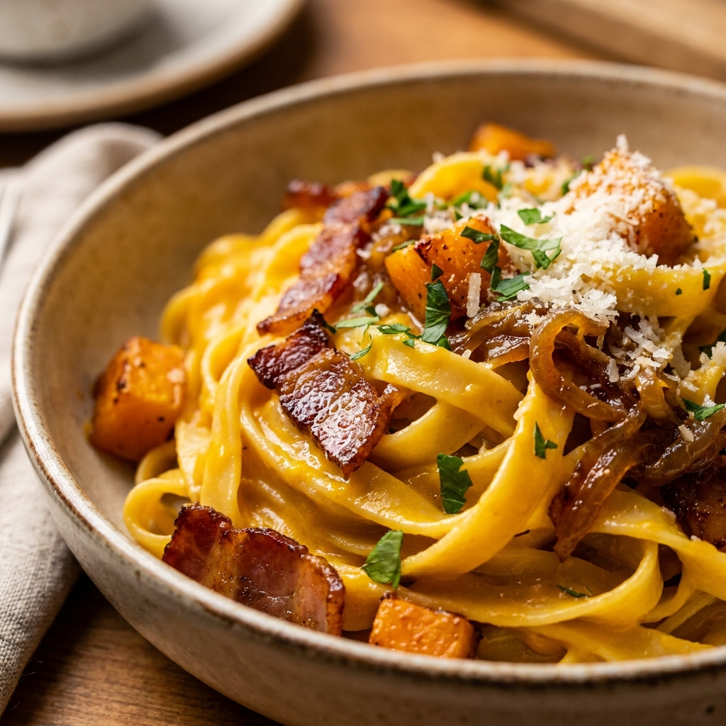 Pumpkin Bacon Pasta with Caramelized Onions: Cozy Fall Dinner