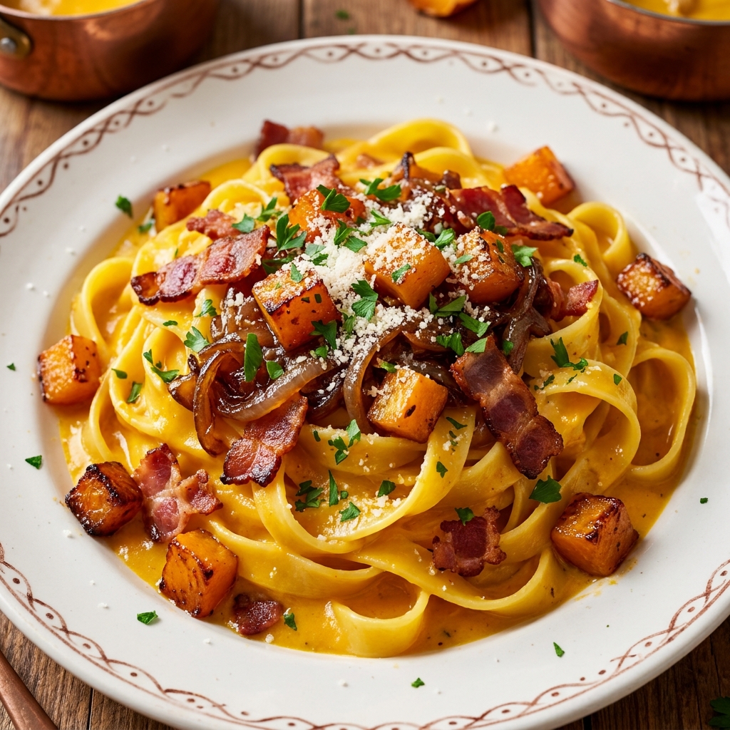 Step by step of making pumpkin bacon pasta: bacon cooking in a pot, onions caramelizing, and creamy pumpkin sauce being stirred.