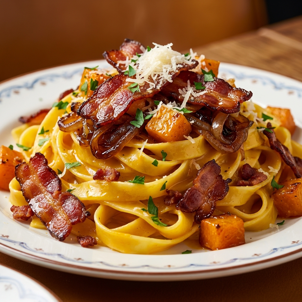 Finished pumpkin bacon pasta served in a white bowl, garnished with fresh sage leaves and cracked black pepper.