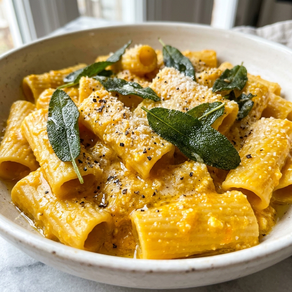 Blended cottage cheese and pumpkin puree in a saucepan turning into a smooth sauce