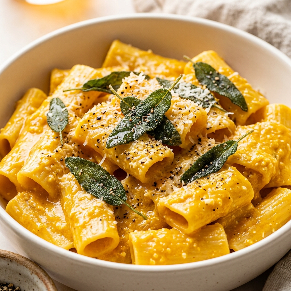 Plated pumpkin cottage cheese pasta with a sprinkle of toasted pine nuts