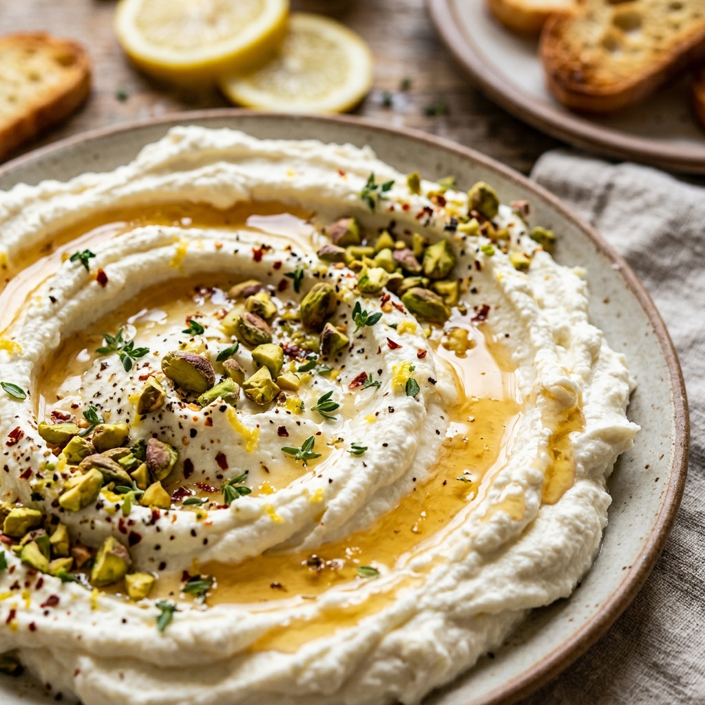 Whisking together ricotta cheese, fresh lemon juice, lemon zest, and honey in a ceramic mixing bowl until smooth and creamy.