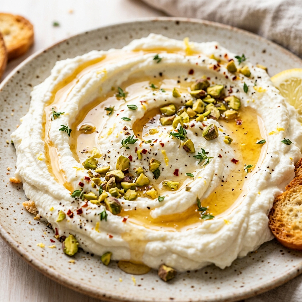 Finished ricotta lemon honey dip in a white serving bowl topped with a drizzle of golden honey and cracked black pepper, surrounded by air-fried pita wedges.